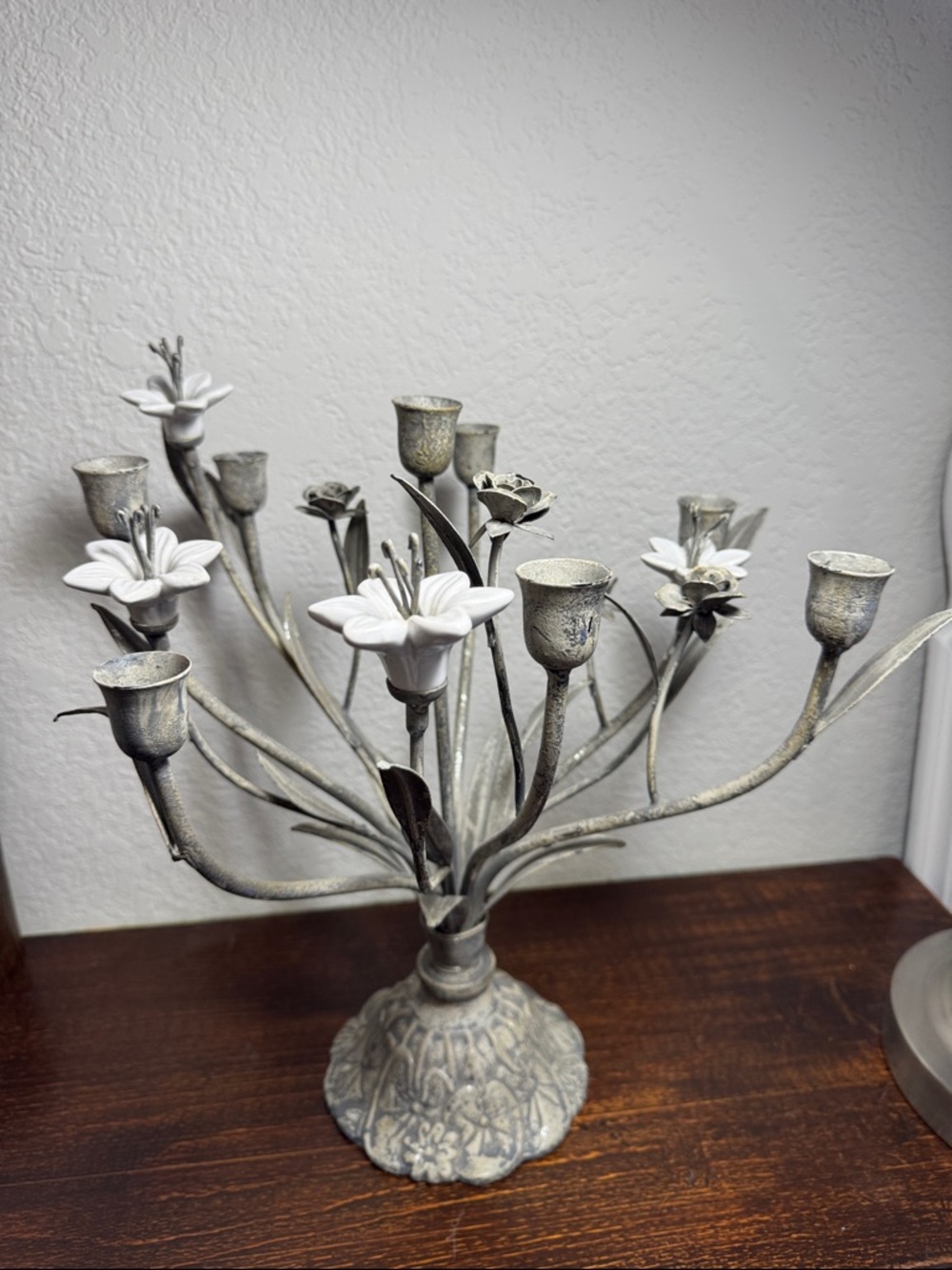 Antique French Metal Candelabra with Ceramic Flowers, 8-Arm Art Nouveau Style - Picture 3 of 10